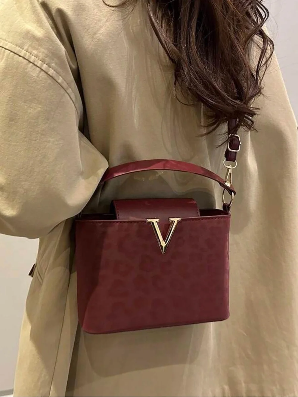 Gold-V Emblem Burgundy Leopard-Texture Satchel